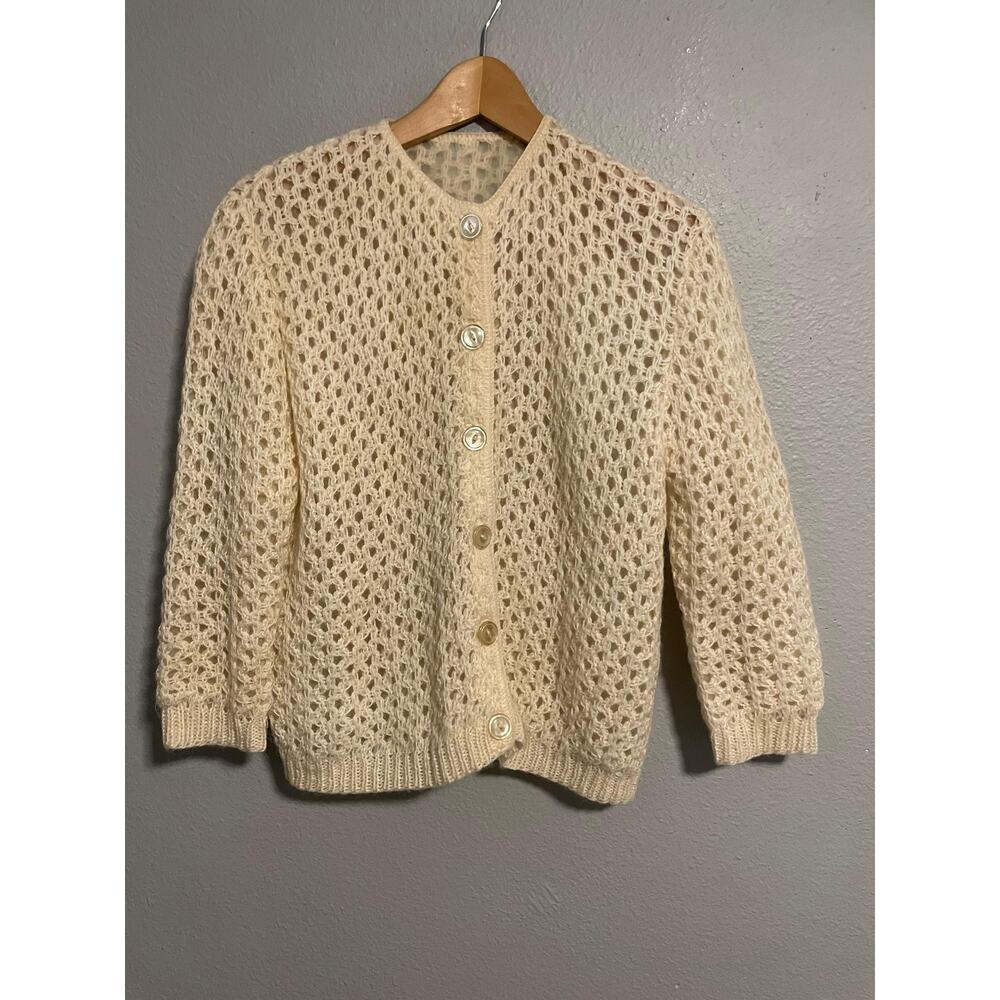 Vintage Handmade Open Knit Cardigan Womens Medium Cream Wool Lined Button Up
